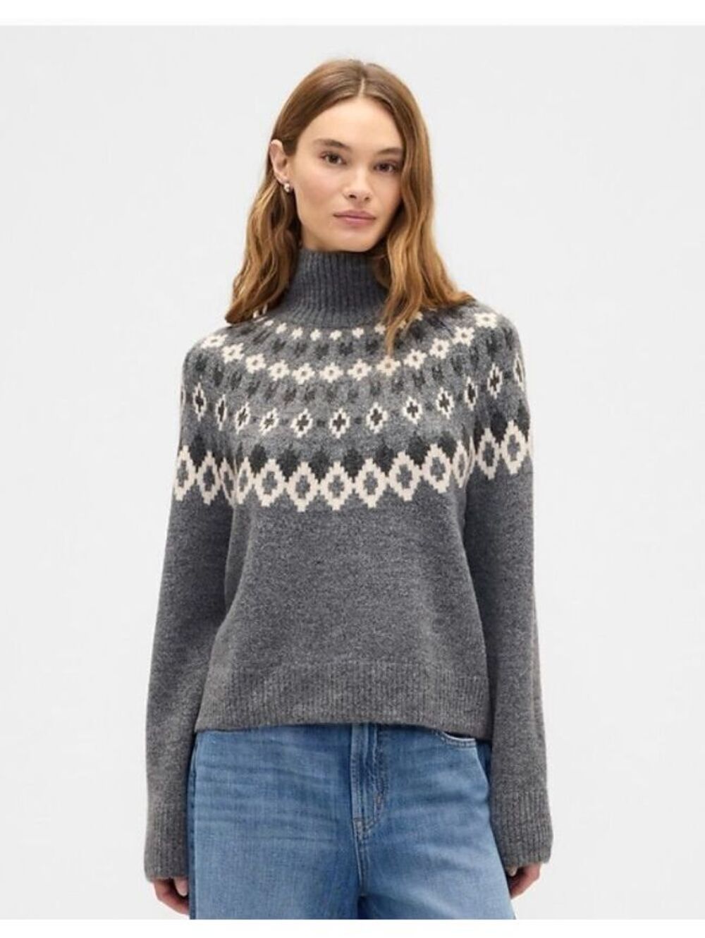 Gap Relaxed Fair Isle Mockneck Sweater Grey Heather